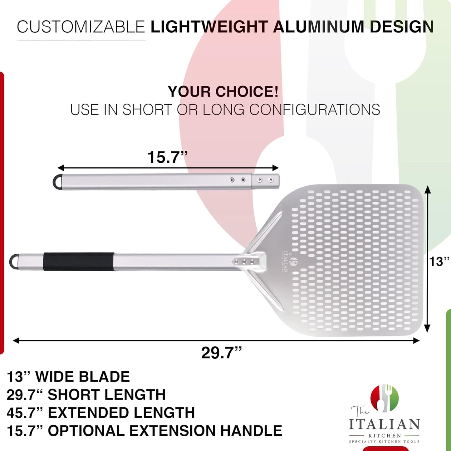 Perforated Pizza Peel 13"W x 16.7"L- Professional Restaurant Grade Large Metal Pizza Peel - 45.7" or 29.7" Long Handle Aluminum Turning Peel - Commercial Pizza Paddle