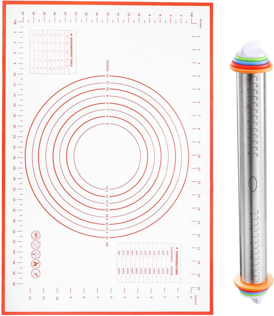 HARFINGTON 2pcs Rolling Pin 16.9 Inch x 1.69 Inch Non-Stick with Silicone Baking Pastry Mat Adjustable Guide Rings Roller Dough Roller Kitchen Decorating Tools for Cookie Pastry Pizza Clay