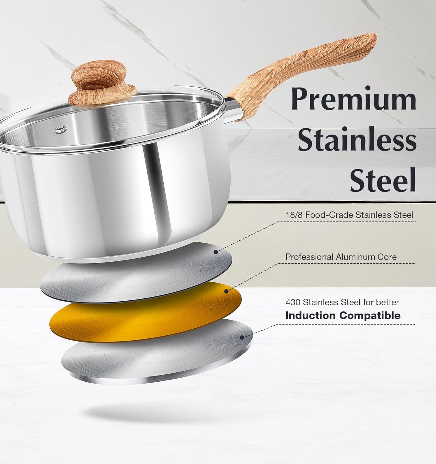 KOCH SYSTEME CS Stainless Steel Saucepan 6PCS, Stainless Steel Pot 1.5QT & 2QT & 3QT with Heat-resistant Bakelite Handle, Tri-ply Base Sauce Pan, Induction Compatible Pots, Pot Set 6 Piece
