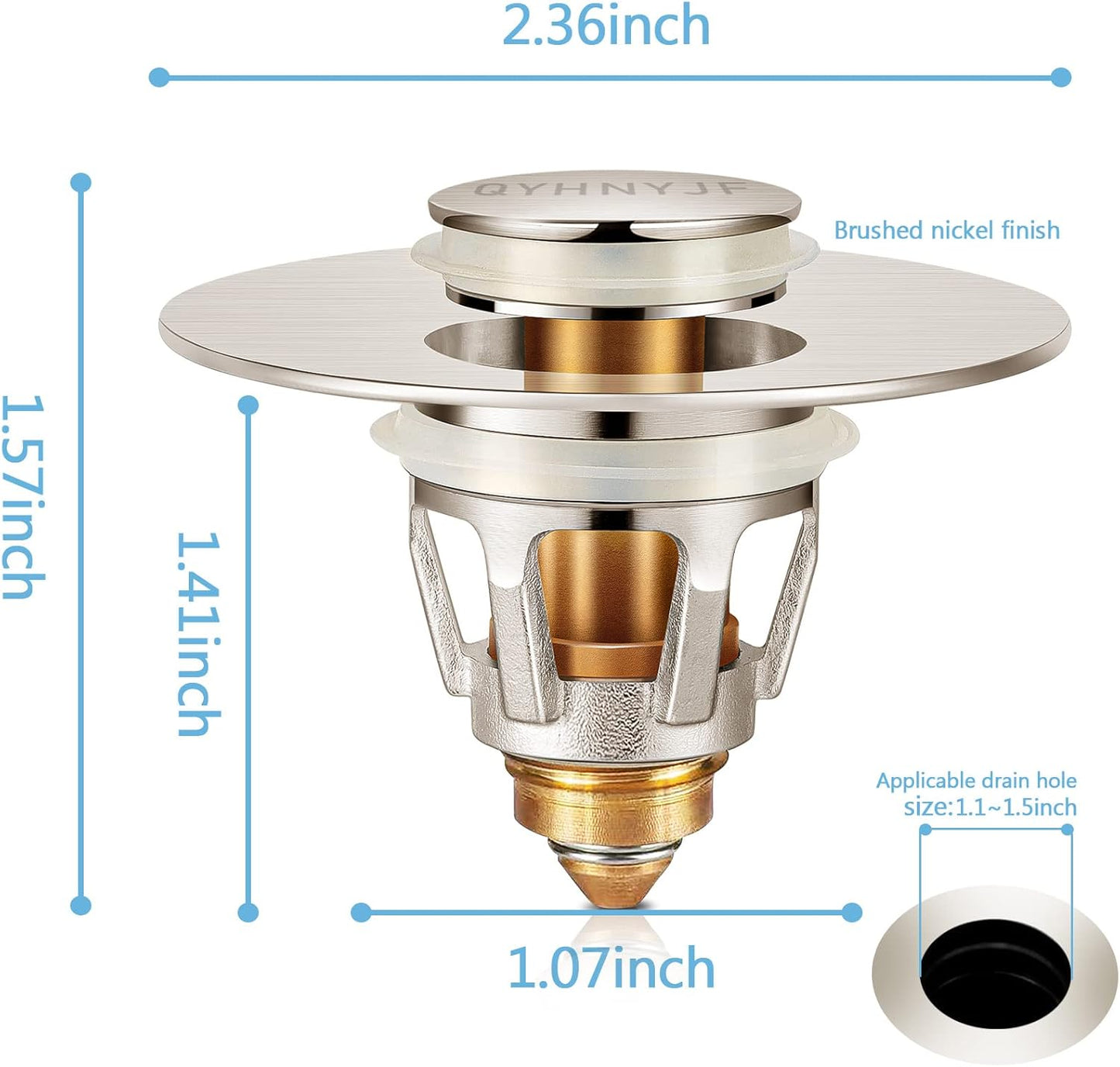 Bathroom Sink Stoppers Brushed Nickel，Pop Up Drain Stopper for Bathroom Sink，‎2-in-1 Sink Stopper & Strainer,Universal Wash Basin Sink Stopper，for 1.1"~1.5" Bathroom Sink Drain Pipe（Brushed Nickel）