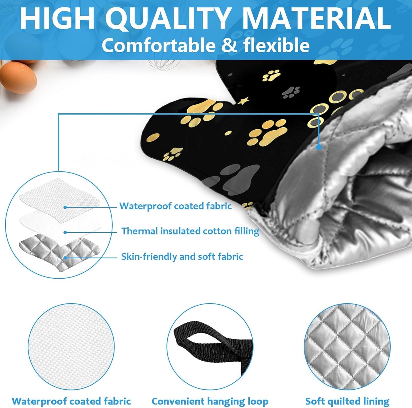 Gold Dog Paw Print Oven Mitts and Pot Holders Sets Heat Resistant 4Pcs Potholders Oven Gloves Hot Pads for Kitchen Baking Cooking Grilling BBQ