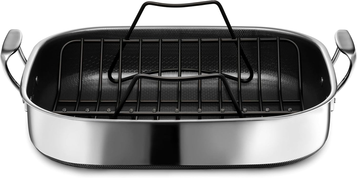HexClad Hybrid Nonstick Roasting Pan with Rack, Dishwasher-Friendly, Oven-Safe Up to 900°F, Compatible with All Cooktops