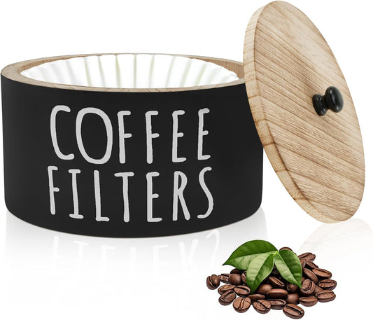 Wooden Coffee Filter Holder & Storage Organizer - Large Capacity Rustic Coffee Filter Dispenser with Bamboo Lid, Multipurpose Coffee Pod & Filter Basket for Bar Counter, Kitchen, or Coffee Bar Decor