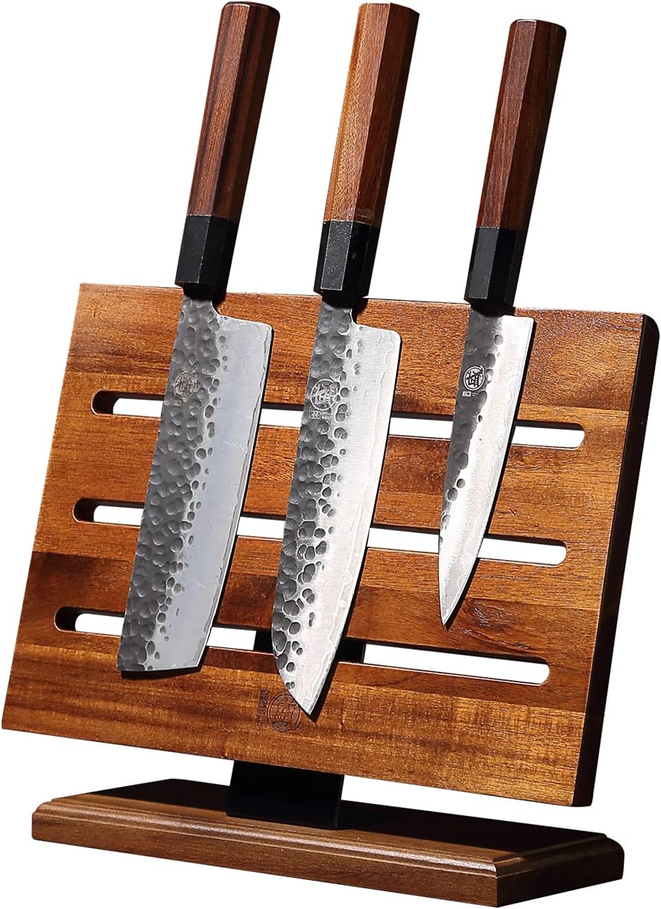 MITSUMOTO SAKARI Japanese Magnetic Knife Block, Japanese Acacia Wood Knives Holder Stand, Enhanced Double-Sided Magnetic Wooden Knife Storage for Kitchen Counter