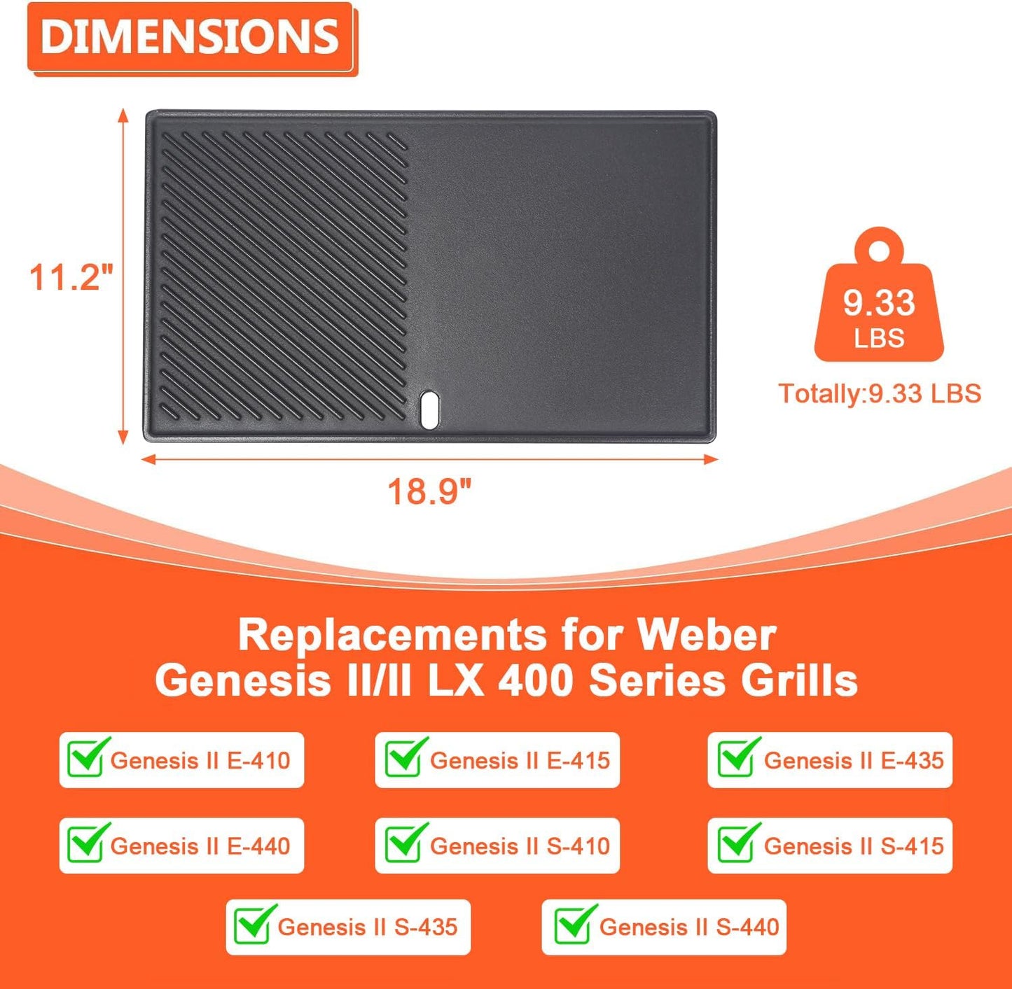 QuliMetal 66089 Griddle for Weber Genesis II/LX 400 Series Grills, Grill Part for Weber GS4 Genesis 2 E410, E415, E435, S-435, LX E-440, Cast Iron for weber genesis ii griddle insert