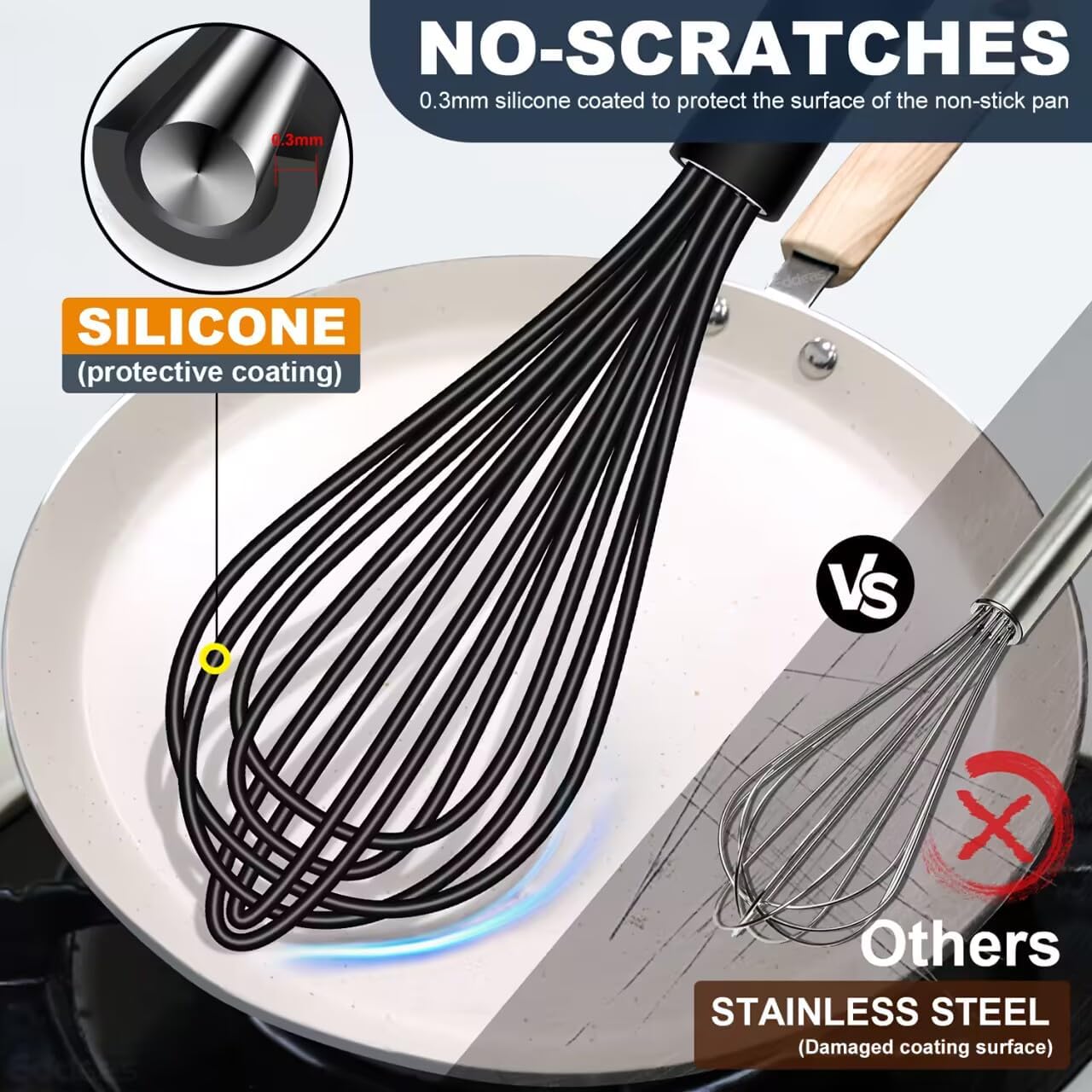 Silicone whisk, Non scratch coated whisk for cooking 7+9+11inch whisks and 3pcs 5+6+7inch 304 stainless steel small whisks, Suitable for Beating, Blending, great for cooking and baking.