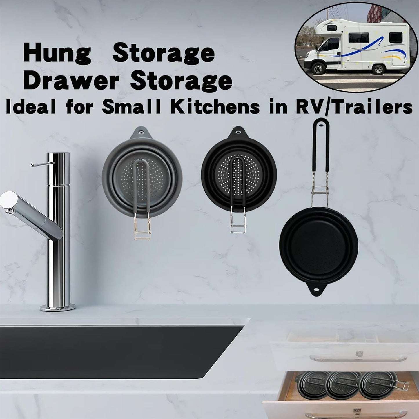 Silicone Collapsible Colander with Handle,Home/RV Kitchen Space Saving Silicone Colander,Drainage of Food,Vegetables,Fruits (Grey)