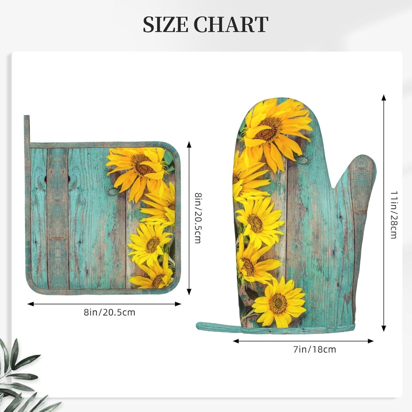 Sunflower Teal Wood Oven Mitts Pot Holders Set Silicone Kitchen Oven Mitts Heat Resistant Farmhouse Potholders Non-Slip 4pcs Hot Pads and Oven Gloves Sets for Baking,Cooking,BBQ,Grilling