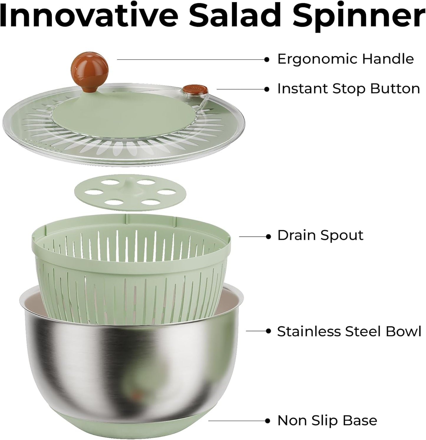 Stainless Steel Salad Spinner Large - Fruit and Vegetable Wash Bowl with Strainer - Lettuce Spinner, Fruit Cleaner, Collapsible Salad Dryer 5.3 Quart Capacity