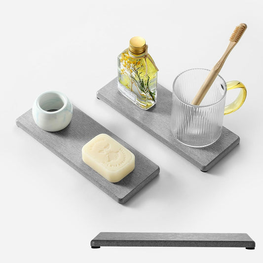 2PCS Bathroom Counter Vanity Trays, Water Absorbing Diatomite Stone Quick Drying Mat for Kitchen Sink Counter, Dish Rack Soap Dispenser Sponge Holder Caddy Organizer, Light Gray, 9"x 3.5"