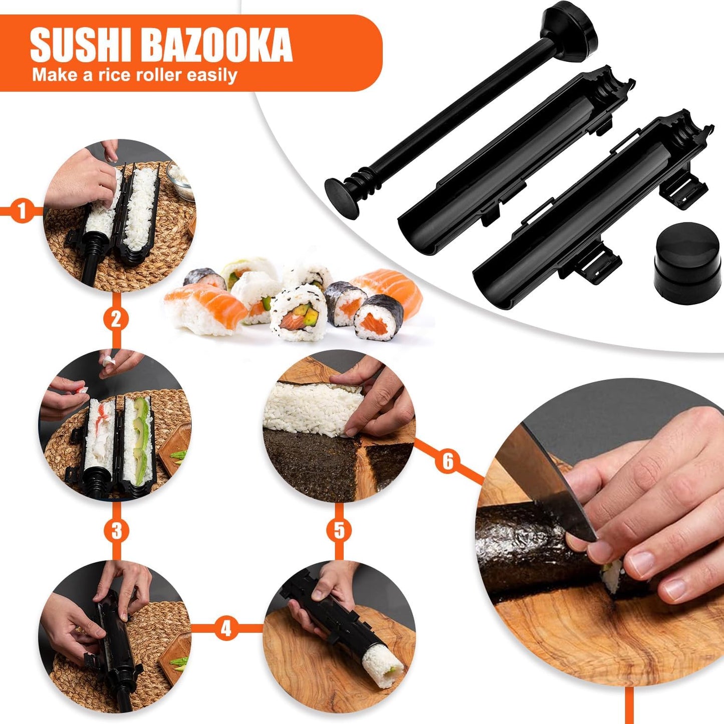 Sushi Making Kit, Sushi Roller, Sushi Bazooka, Sushi Maker, Bamboo Sushi Rolling Mat for Beginners (Black)
