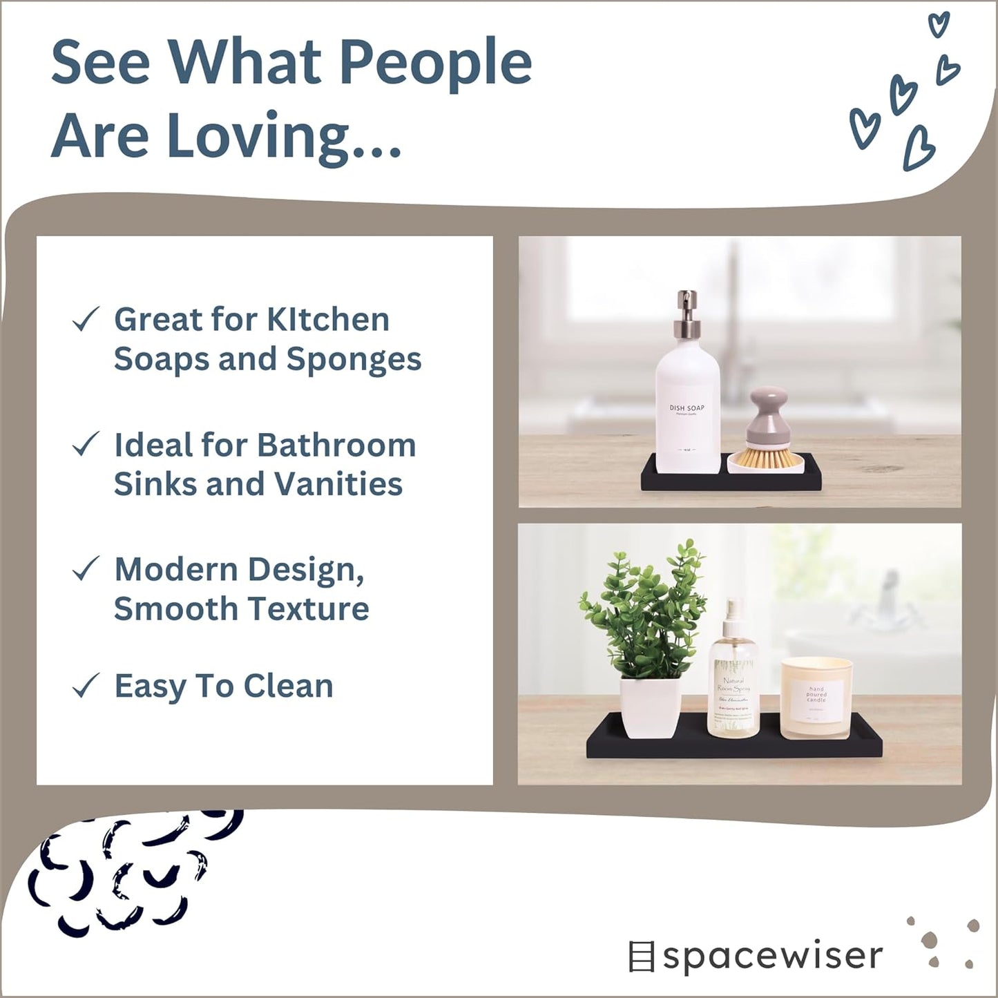 Countertop and Vanity Tray - 2 PC (11” and 7”) Shatterproof Silicone Kitchen and Bathroom Trays for Counter, Kitchen Soap Dispenser Tray, Vanity Trays for Bathroom, Perfume Key Tray