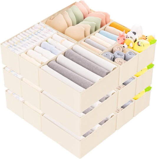 Criusia 15 Pack Drawer Organizer for Clothes, Foldable Dresser Dividers with 3 Sizes, Fabric Storage Bins – Beige