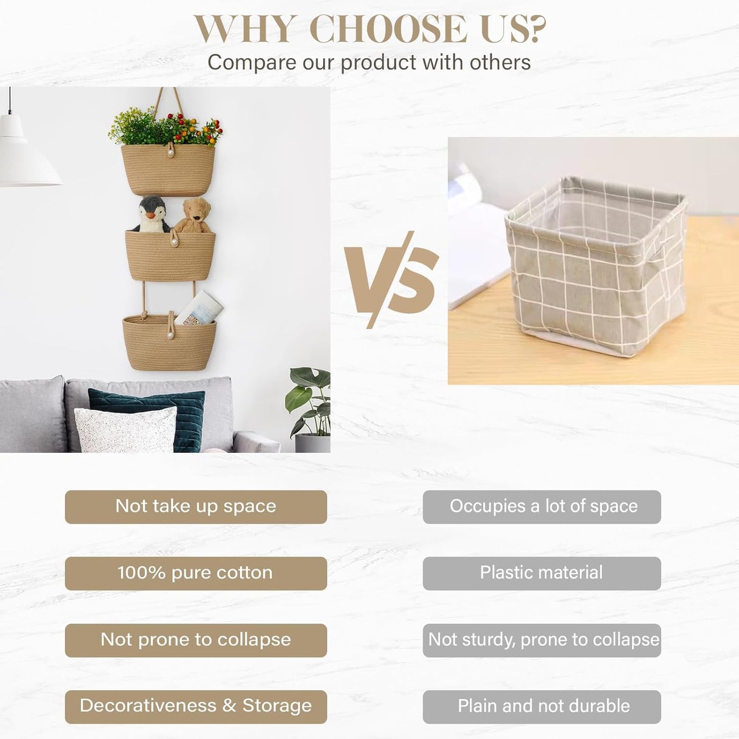 TeoKJ 3-Tier Hanging Baskets for Storage with Pearl Button Strap, Cotton Rope Over the Door Organizer, Wall-Mounted with Hook Decorative Hanging Nursery Baskets, Jute