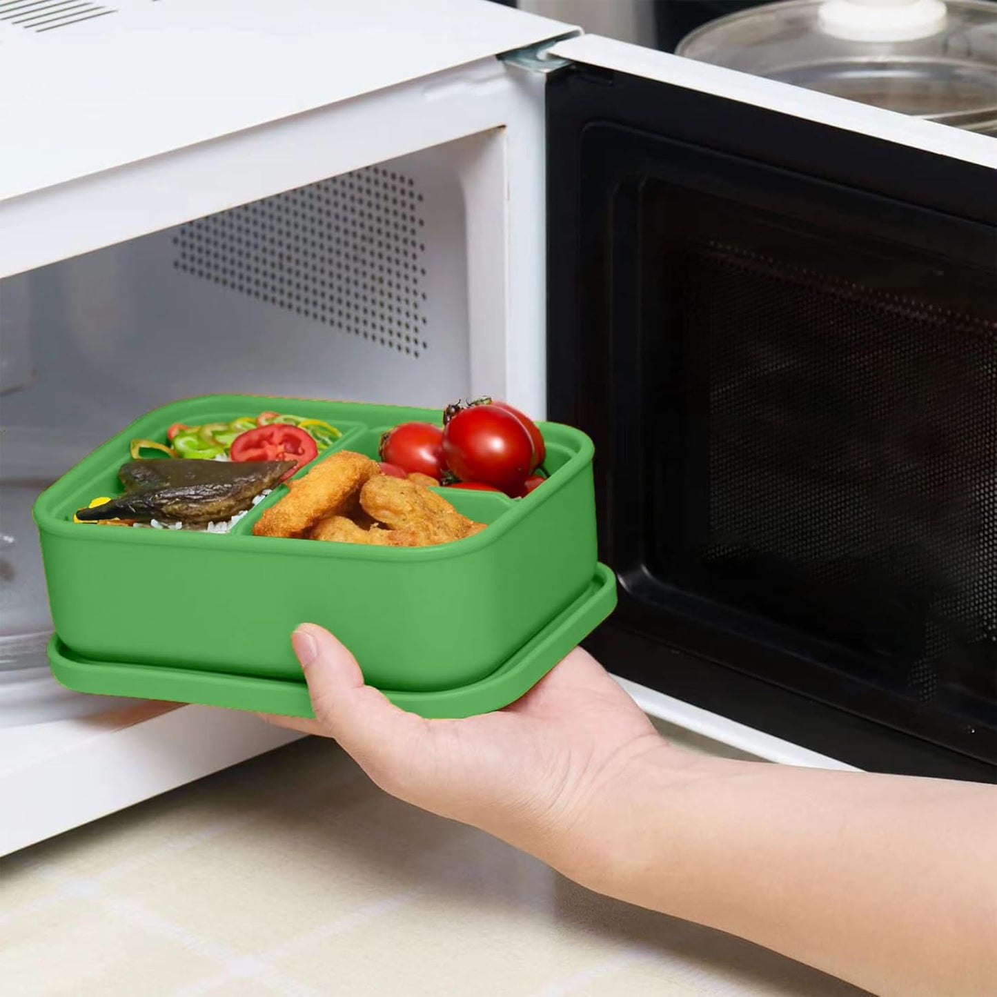 Platinum Silicone Bento Lunch Box Set of 2 – 3 Compartments, Leakproof, Versatile, Durable, Microwave & Freezer Safe, Meal Prep Container, Food Storage for All Ages (Watermelon Green)