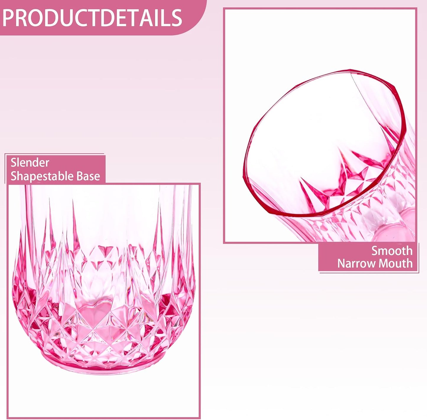 12 PCS Pink Stemless Wine Glasses，Colored Plastic Reusable Cups 9OZ Vintage Drinking Glasses Tumblers for Whisky, Beer, Juice, Beverages, Cocktai