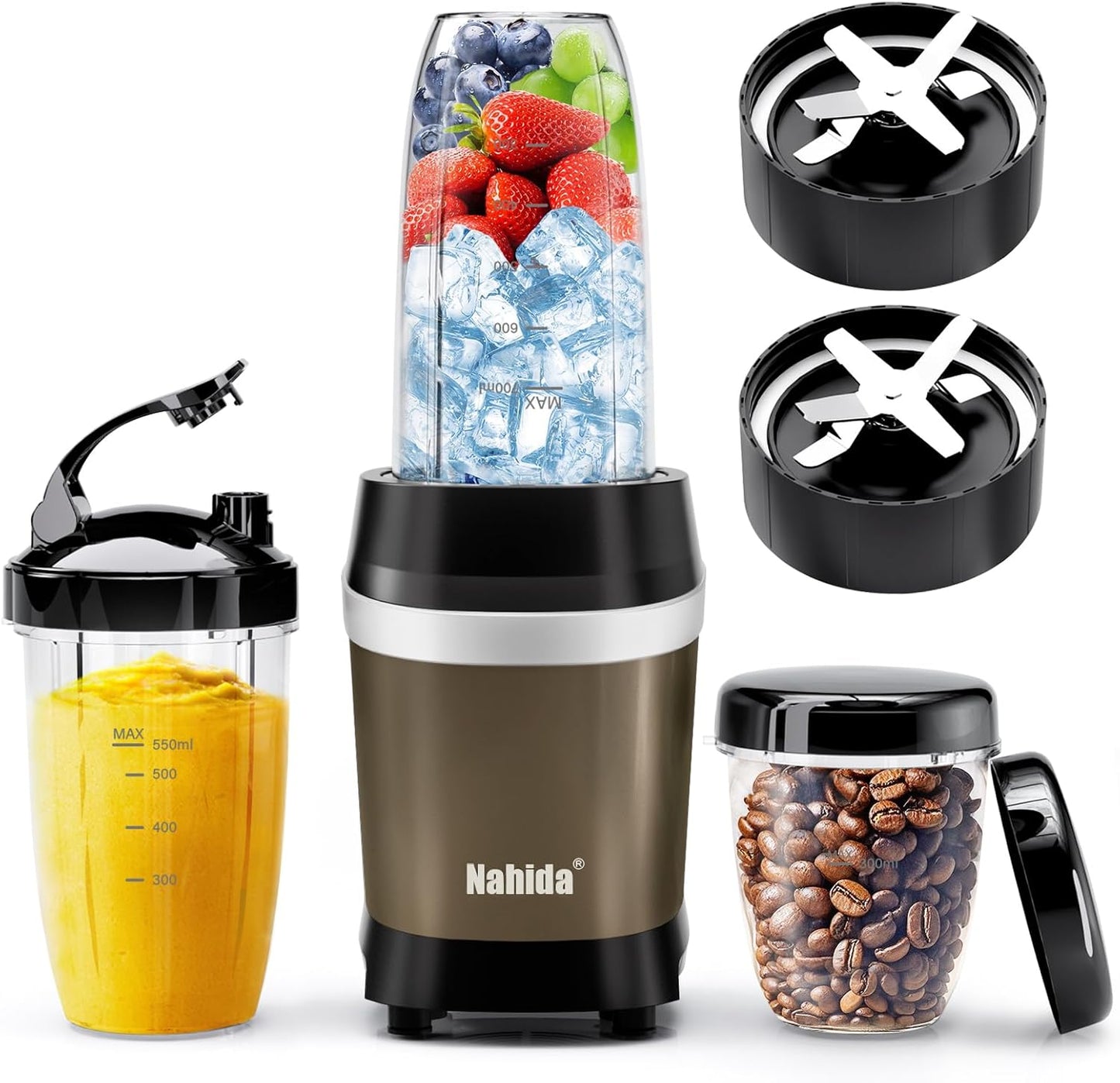 Nahida Blender for Smoothies, 1200W Smoothie Blender for Ices Crushing, Blenders with (2) 6-Fin Blades, Personal Blenders for Kitchen with 23oz, 32oz, 37oz Easy Go Cups for Juices, 1200W, Brown