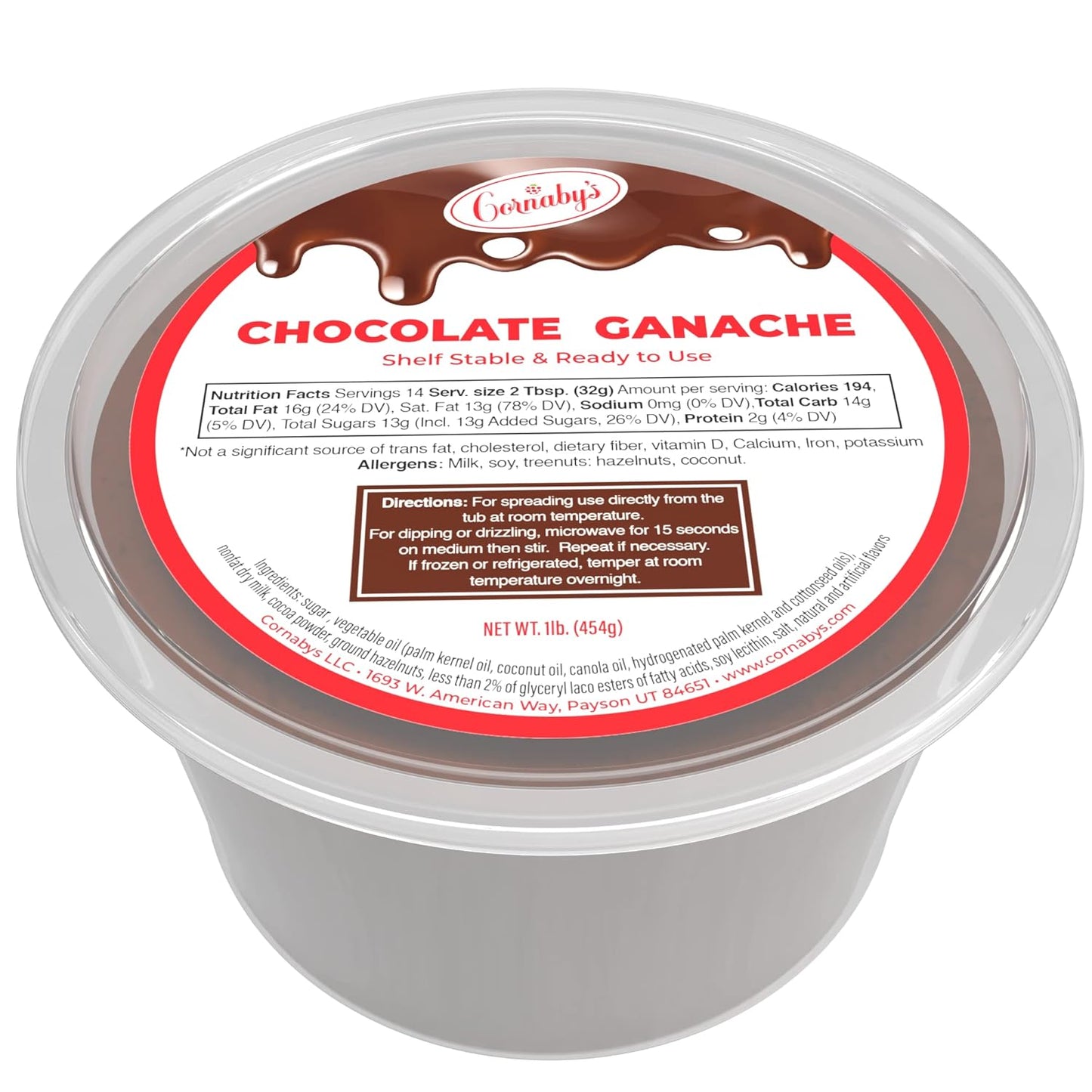 Cornaby's Ready to Use Chocolate Ganache (2 pack) | Rich & Creamy Chocolate Topping, Drizzle or Dip for Strawberries, Pretzels, Macarons, Cookies, Cupcakes & Layer Cakes | 2 Plastic Tubs - 1 LB Each