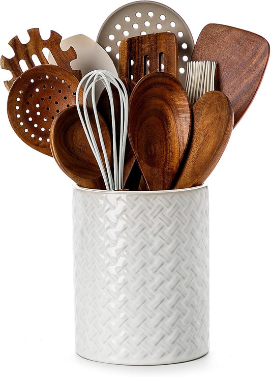 Nucookery 6.4'' Utensil Holder - Ceramic Utensil Holder for Kitchen Counter, Large Capacity Countertop Storage, Farmhouse Style Utensil Crock Organizer for Spoons, Spatulas & Cooking Tools