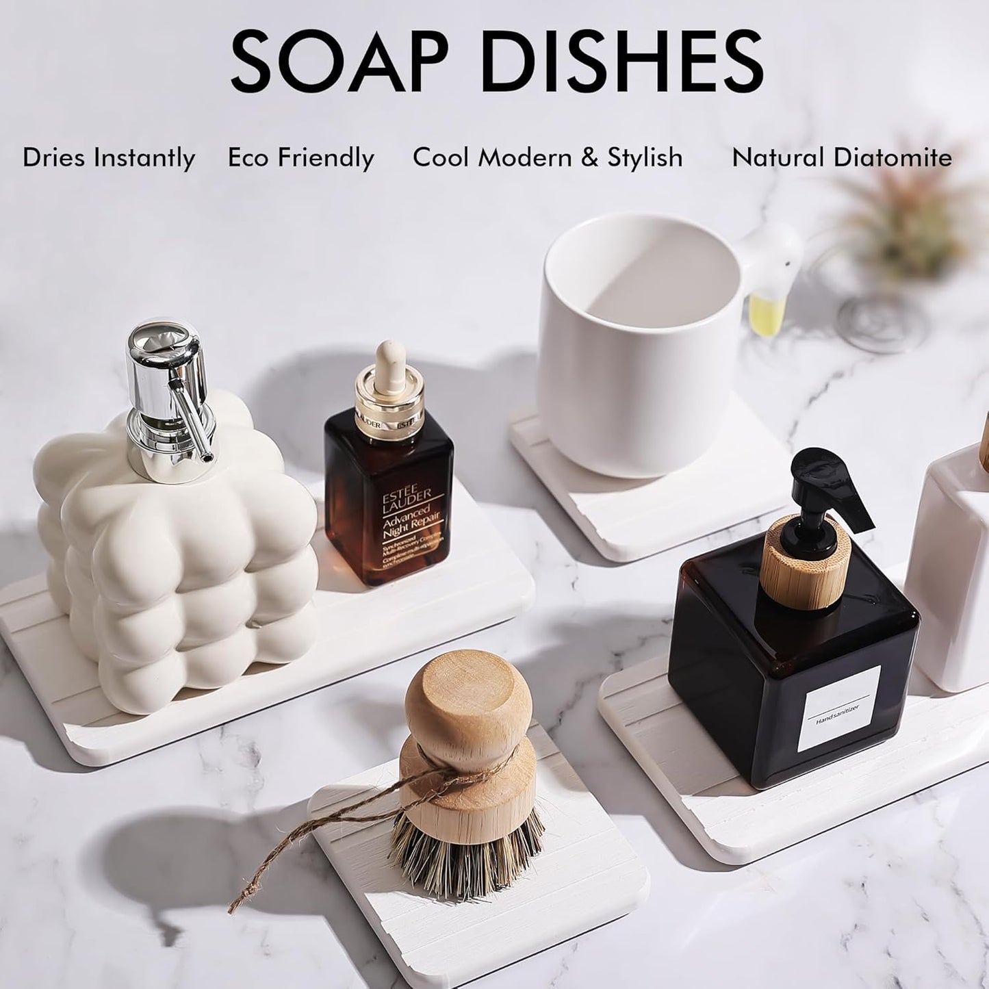 evory Set of 4 Water Absorbent Diatomite Tray, Kitchen Soap,Diatomaceous Earth Bathroom Soap Dishes,Sponge Holder for Kitchen Sink, Water Absorbing Stone for Sink Bathtub Vanity