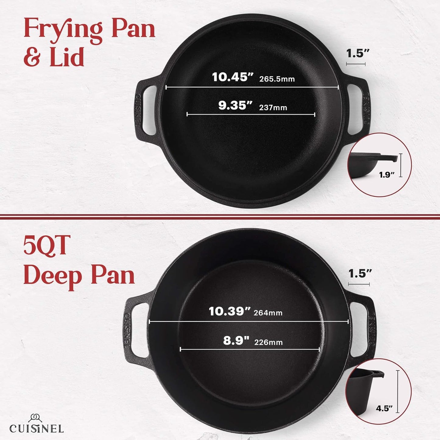 Cuisinel Cast Iron Dutch Oven - 5-Quart Deep Pot - Preseasoned 2-in-1 Multi-Cooker - Combo Lid Doubles as 10"-inch Skillet Frying Pan + Silicone Handle Covers + Scraper - Indoor/Outdoor Bread Cookware