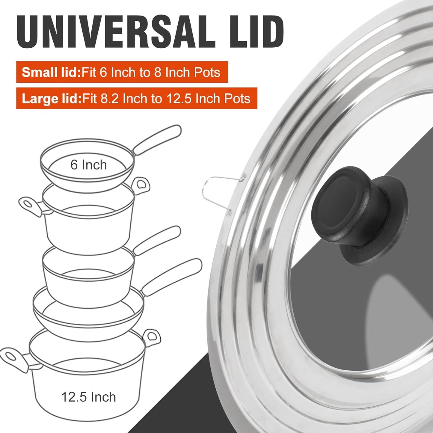 Universal Lids with Tempered Glass Top Fits 6, 7, 8 & 8.2, 9, 10, 11, 12, 12.5 Inch Cookware, Replacement Frying Pan Cover for Pots, Pans and Skillets, Cast Iron Lids for Space Saving