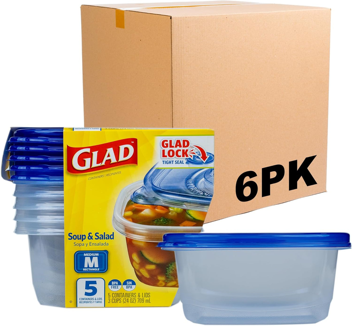 Glad GladWare Soup & Salad Food Storage Containers - Medium Rectangle - Meal Container Holds up to 24 Ounces of Food - Lock Tight Seal, 5 Count - 6 Pack