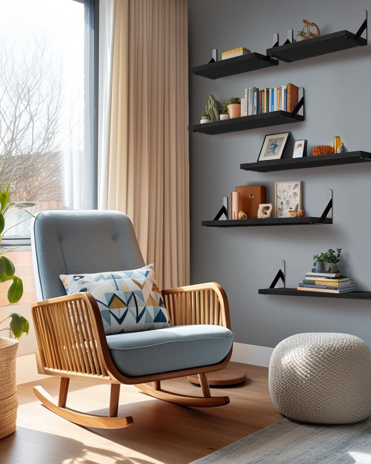 AMADA HOMEFURNISHING Wall Shelves Set of 6, Wood Floating Shelves for Decor, Rustic Farmhouse for Bedroom, Bathroom Storage, Book Shelves for Living Room, Black