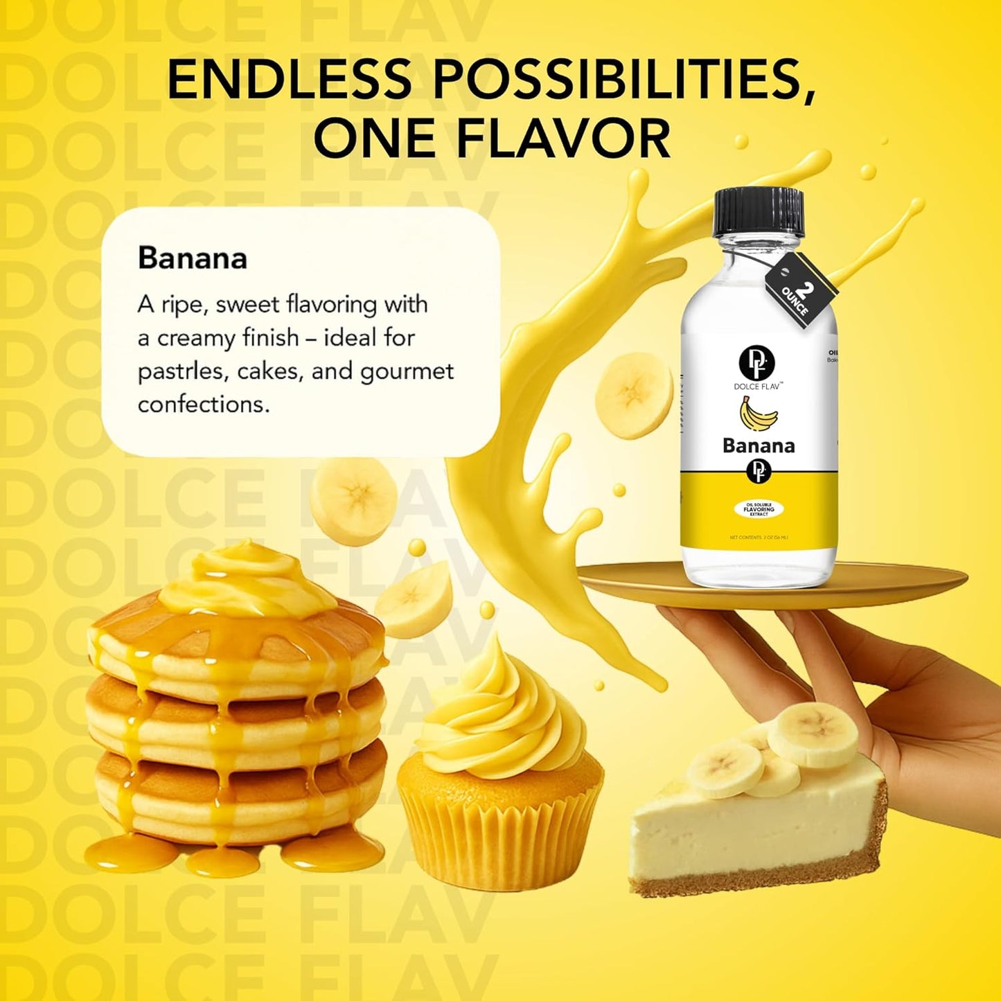 Dolce Flav Banana Extract – 2 Ounce Oil-Soluble Kosher, Sugar-Free, Concentrated Ripe Banana Flavoring for Baking, Smoothies & Ice Cream, Includes Measured Dropper
