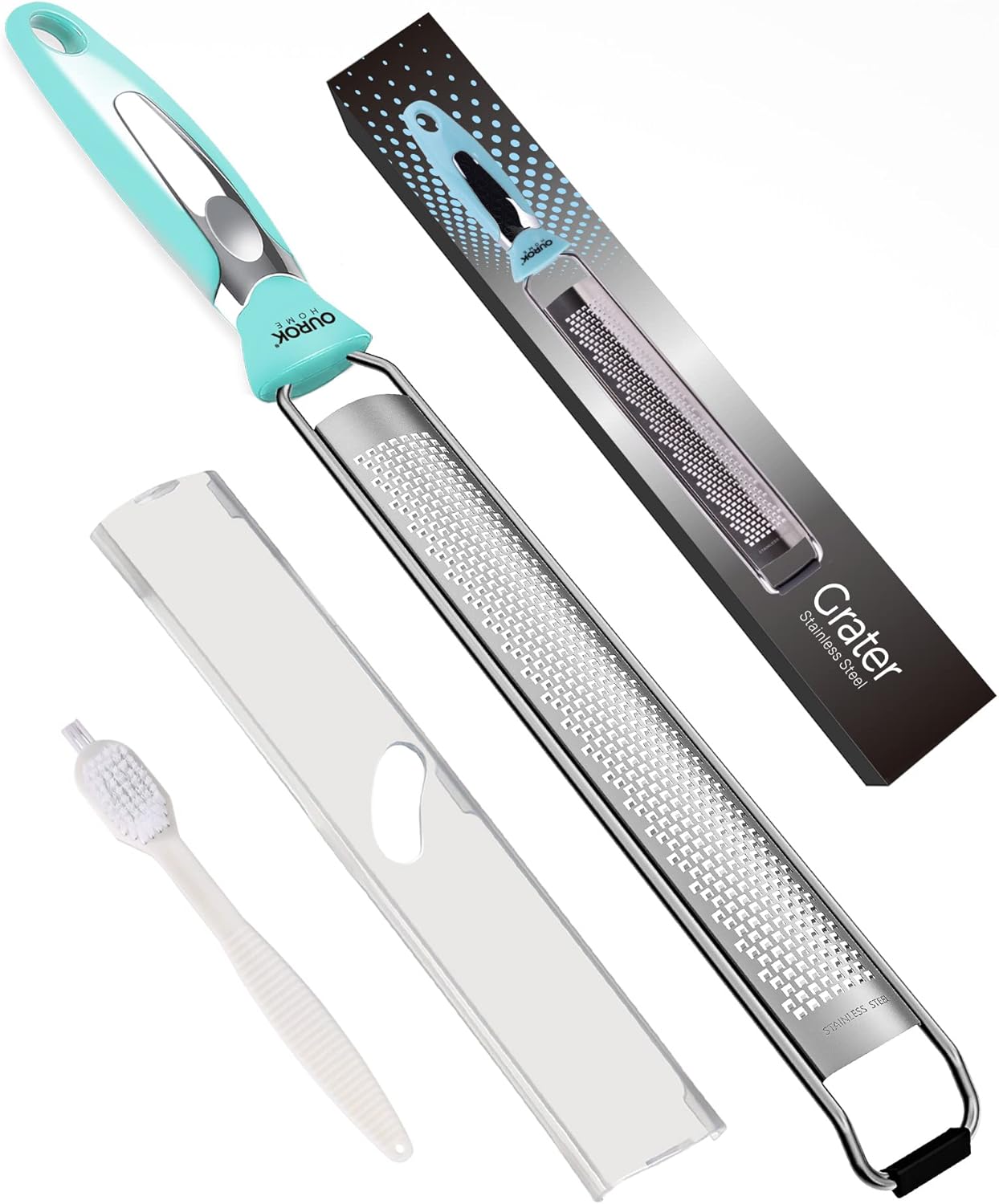 Ourokhome Kitchen Lemon Zester, Stainless Steel Hand Held Parmesan Cheese Grater for Ginger, Chocolate, Coconut, Lime, Nutmeg, Citrus, Fruit, Vegetable with Cleaning Brush, Dishwasher safe, Blue