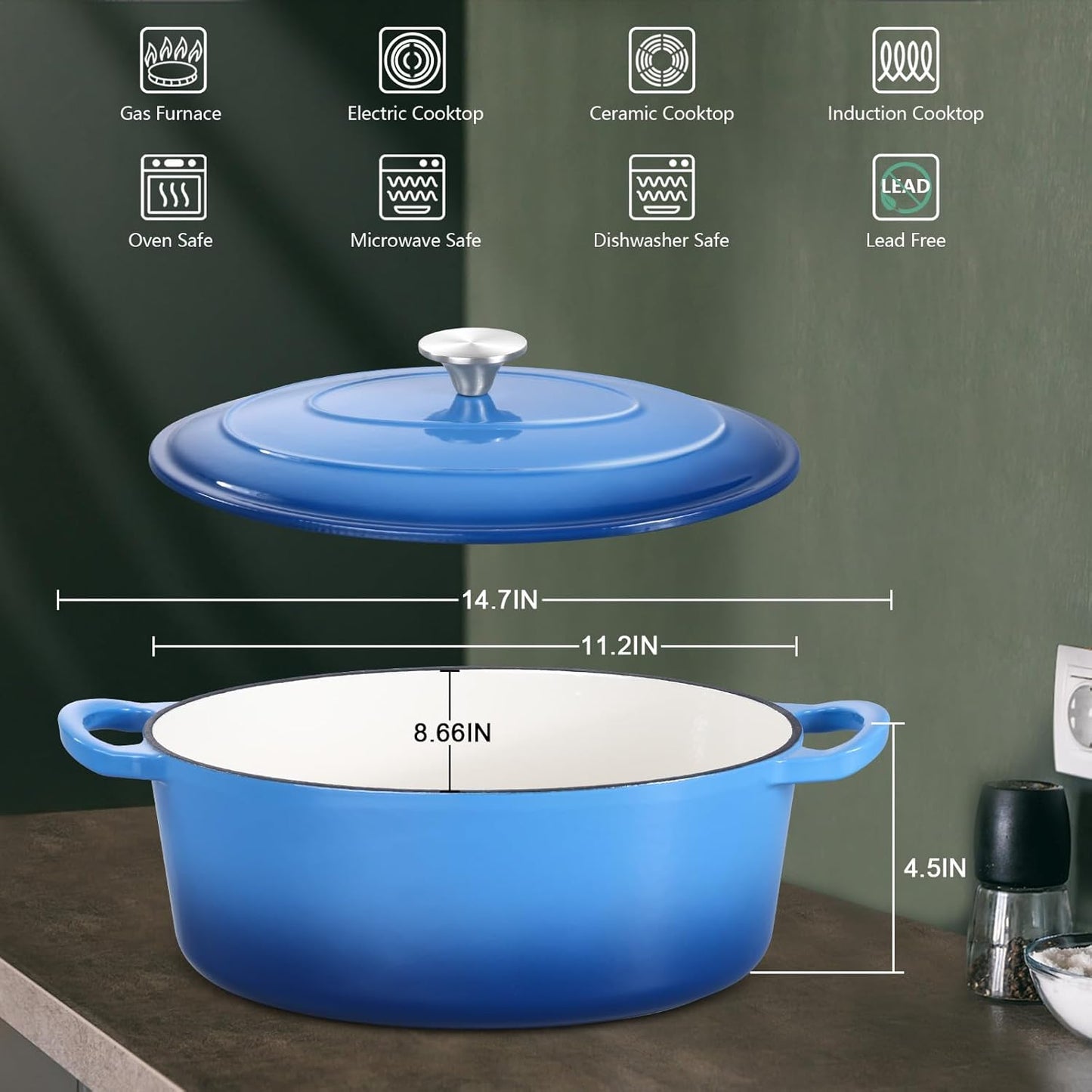 5QT Oval Dutch Oven Pot with Lid, Leonyo 5 Quart Enameled Oval Cast Iron Dutch Oven for Sourdough Bread Breaking, Heavy Duty Cookware for Braising, Stews, Roasting, Blue