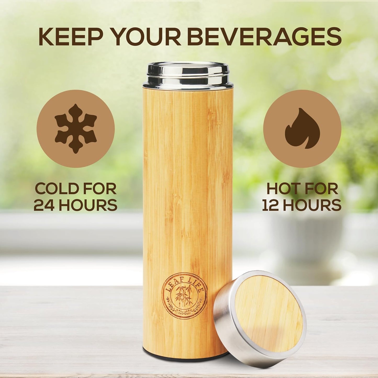 LeafLife Premium Bamboo Tea Bottle for Loose Tea - Tea Infuser Bottle - Tea Gifts - Insulated Water Bottle/Coffee Tumbler/Tea - Tea Gift Set, Tea Accessories - Tea Tumbler 22oz