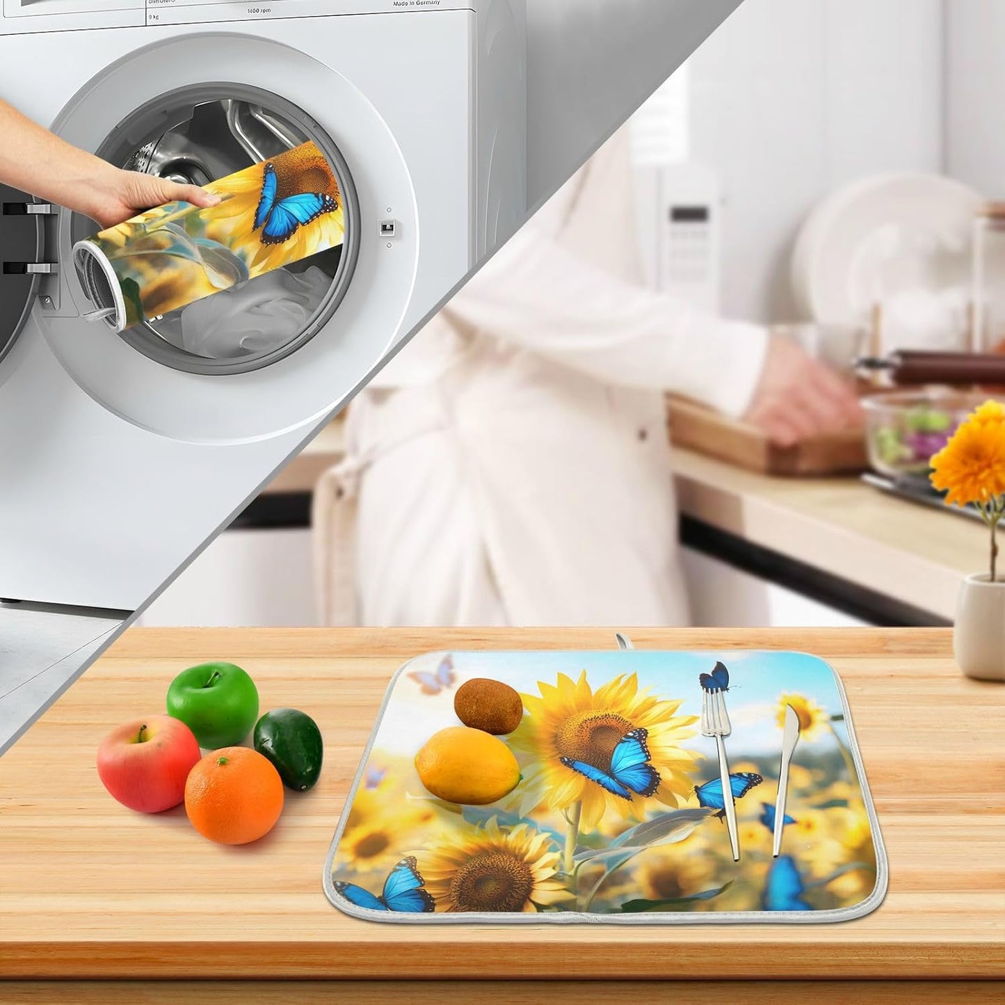 Blooming Sunflowers Blue Butterfly03 Dish Drying Mat for Kitchen Counter Absorbent Microfiber Small Drying Pad Dish mats for Kitchen Countertops 16 x 18 Inch