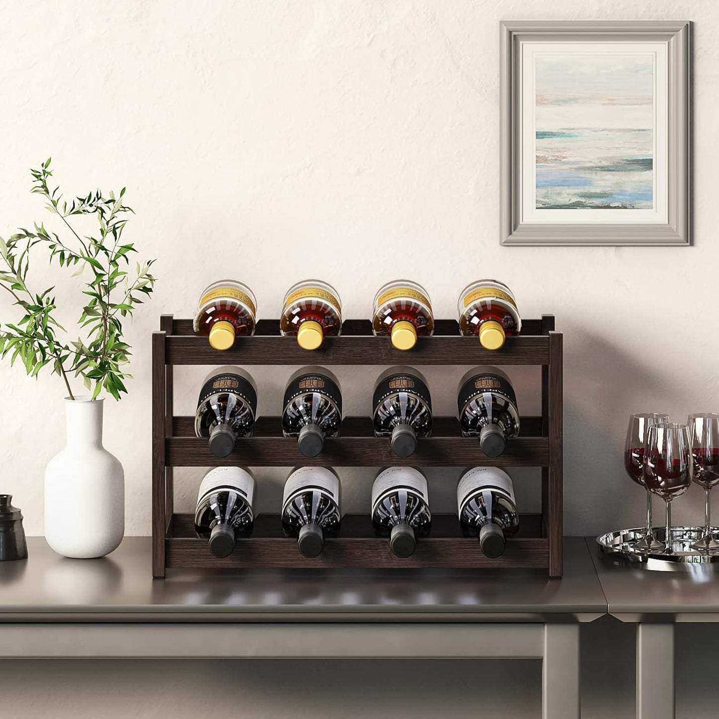 BAMEOS Bamboo Wine Rack Storage, 3 Tier Wine Racks Countertop, Wine Rack Freestanding Floor Wine Holder Cabinet for Kitchen, Bar, Pantry, Wine Cellar, Basement,Study (16.85 L x 9.25W x 12H)