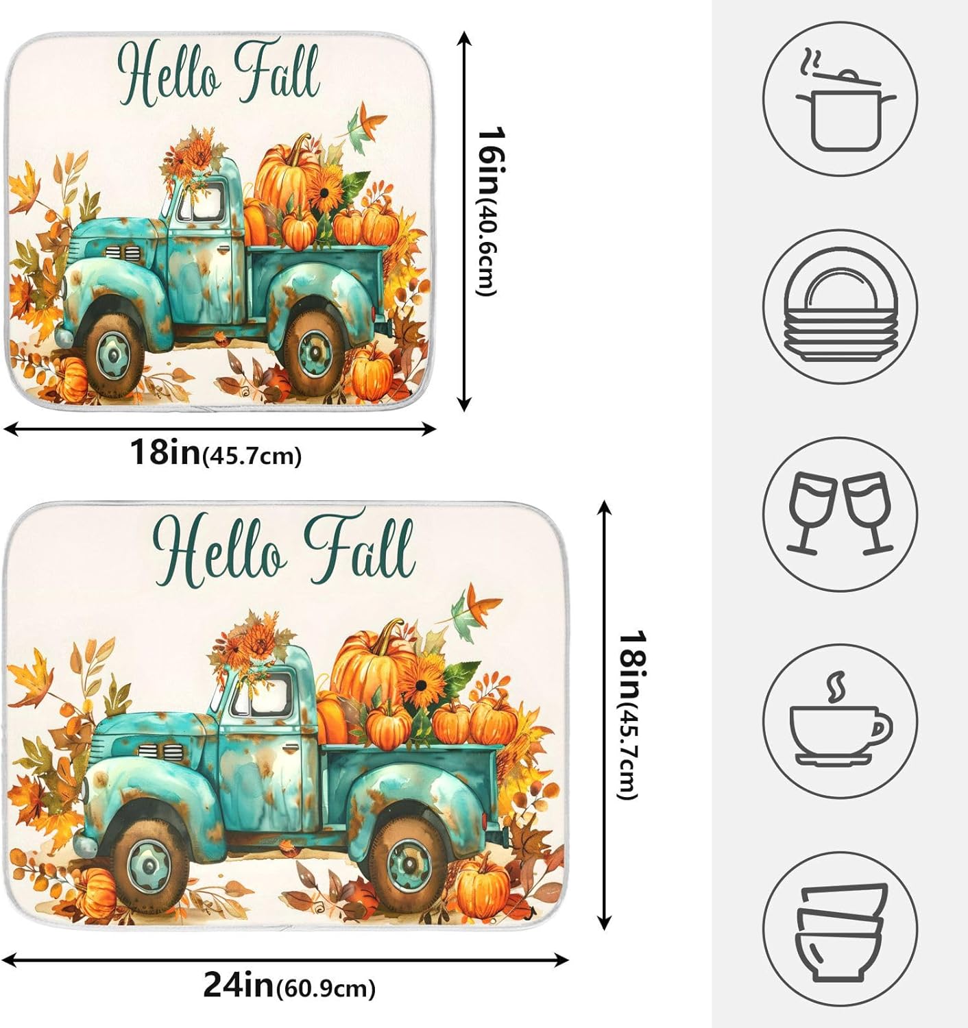 Vintage Fall Truck with Pumpkins Autumn Leaves Dish Drying Mat for Kitchen Counter Absorbent Microfiber Large Drying Pad Dish Mats for Kitchen Countertops 18 x 24 Inch