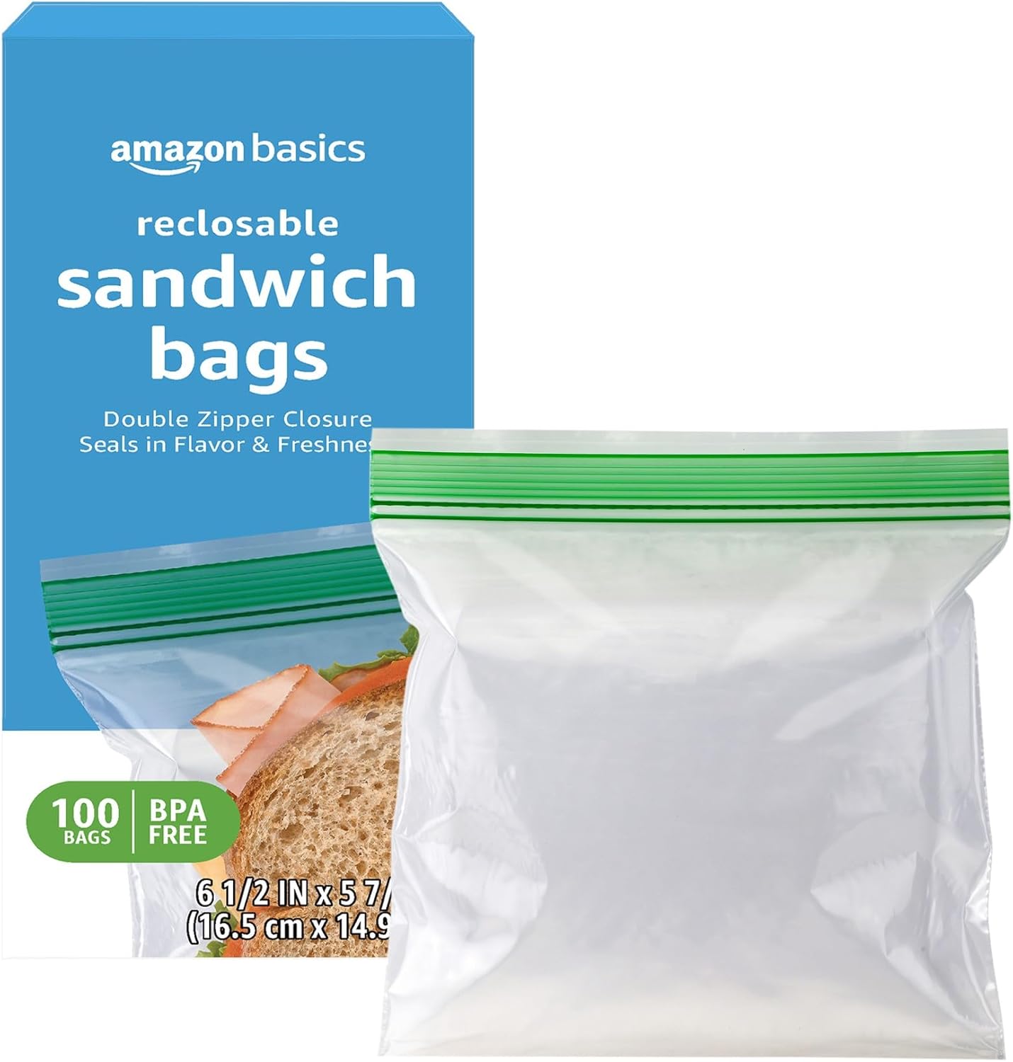 Amazon Basics Reclosable Sandwich Double Zipper Storage Bags, 100 Count, Pack of 1