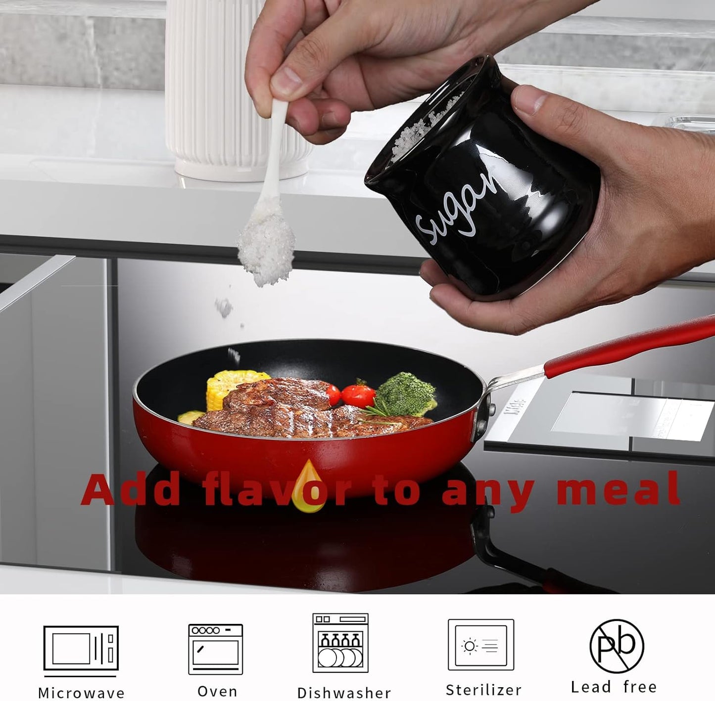 ONTUBE Ceramic Sugar Bowl with Lid and Spoon 12oz (Black)