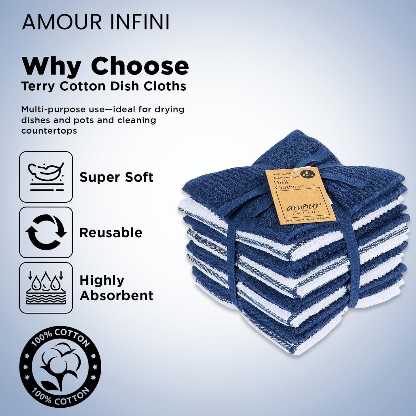 AMOUR INFINI Dish Cloths for Washing Dishes Set of 8 - Highly Absorbent, Super Soft Kitchen Dishcloths - Reusable Quick Dry Dish Rags for Cleaning & Drying Kitchen Linens (12x12 Inch - Blue)
