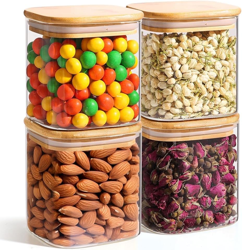 ComSaf 0.7 Qt Glass Food Storage Jars Set of 4, Clear Glass Storage Containers with Lids, Pantry Organization Jar, Spice Jar, Blooming Tea, Coffee and Sugar Container, Small Canister Set for Kitchen