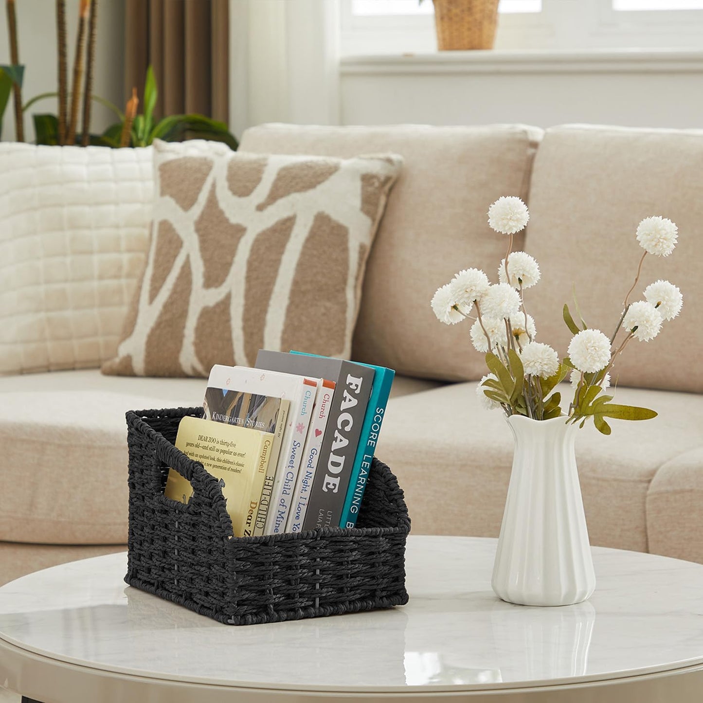 Wicker Baskets for Organizing,Pantry, Kitchen Counter with Handles, Handwoven Woven Storage Baskets for Fruit, Bread, Vegetable, Paper Storage Bins for Shelves, 3 Pack, Black