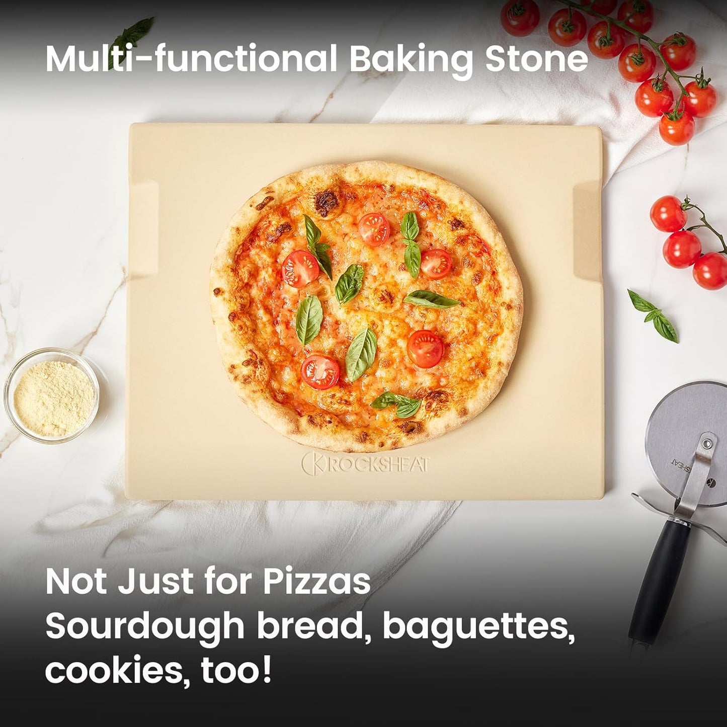 Pizza Stone, 15"x12" Rectangular Pizza Stone for Oven Grill BBQ, Cordierite Baking Stone for Bread, Unique Built-in 4 Handles Cooking Stone