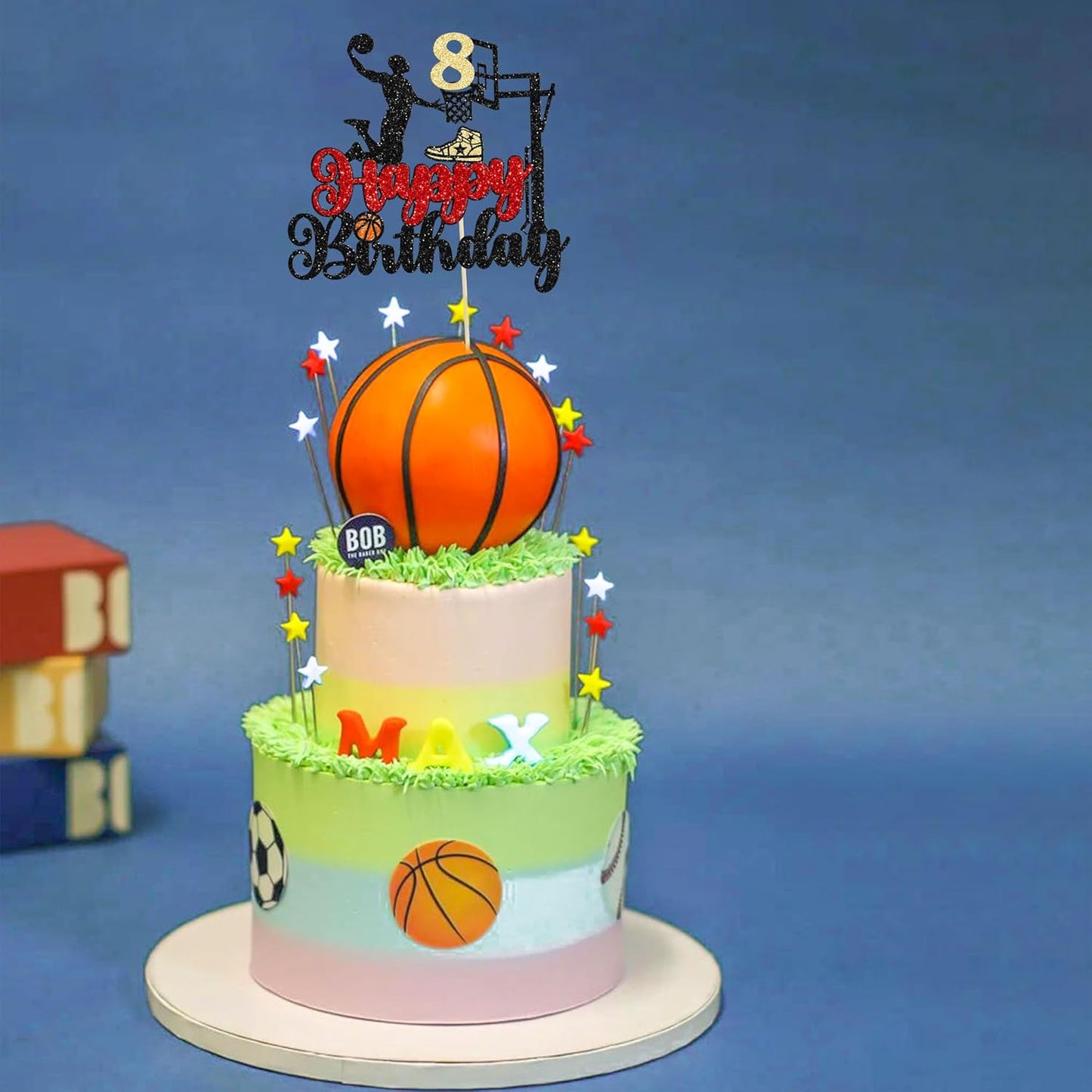 1Pc 8th Birthday Basketball Cake Topper Glitter Basketball Sports Theme Cake Pick for Baby Shower 8th Birthday Cake Decorations Party Supplies Black
