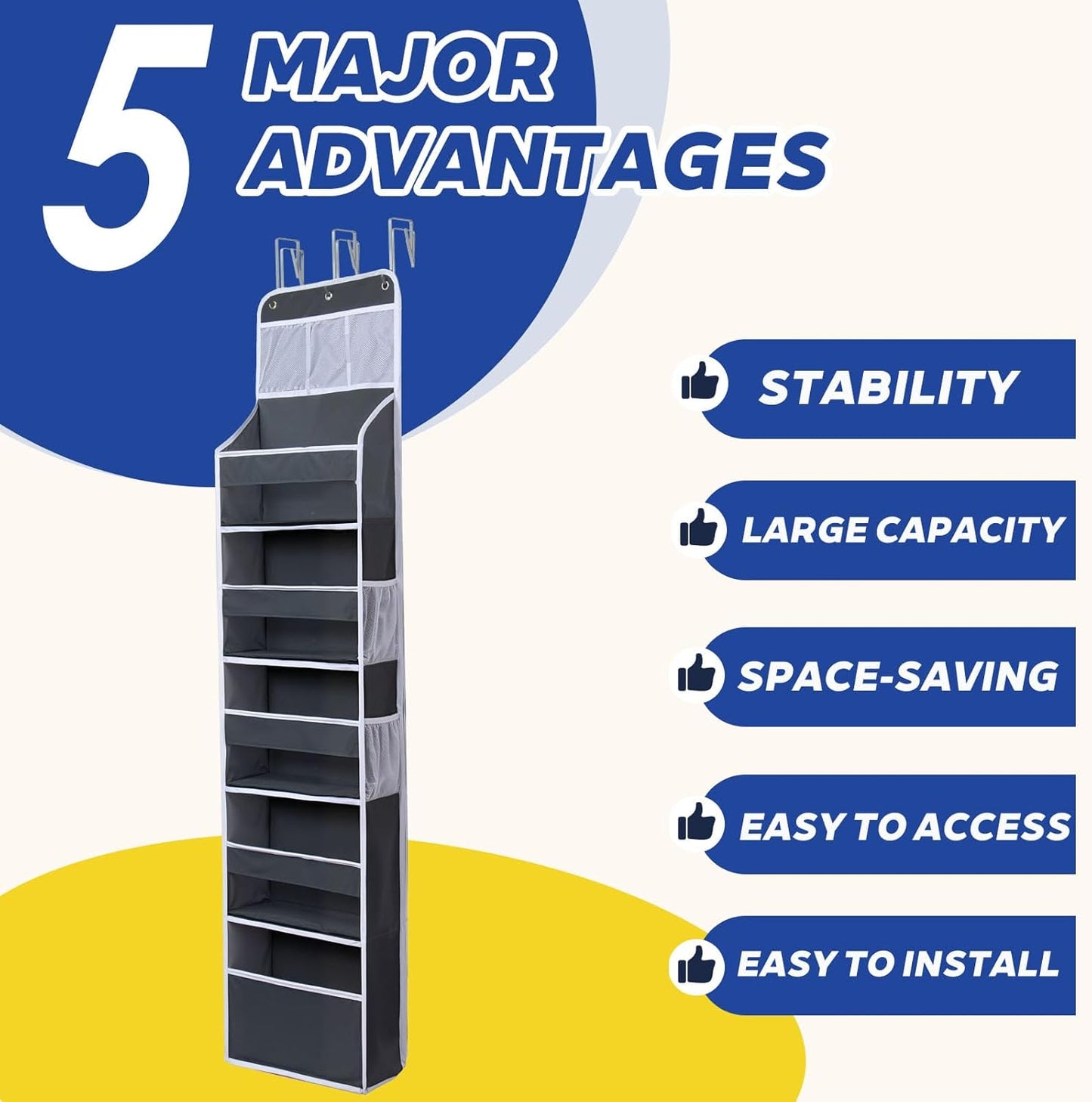 Over The Door Organizer - 6 Capacity Large Pockets & 7 Mesh Compartments, Anti-Tilt Design Holds 44 lbs, for Bathroom, Nursery, Dorm, Pantry & Laundry Storage (Deep Grey)