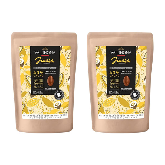 Valrhona Premium French Baking Creamy Milk Chocolate Discs (Feves). JIVARA 40% Cacao. Easy Melt and Tempering. Hints of Vanilla and Malt. For Cookies, Mousses, Frostings and Candies 250g (Pack of 2)