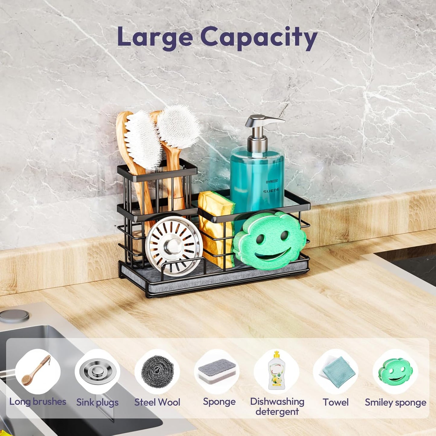 SWTYMIKI Kitchen Sink Caddy Organizer, Quick Dry Smiley Face Sponge Holder with Instant Drying Stone, Large Rustproof Sink Organizer for Kitchen Countertop Organization, Black
