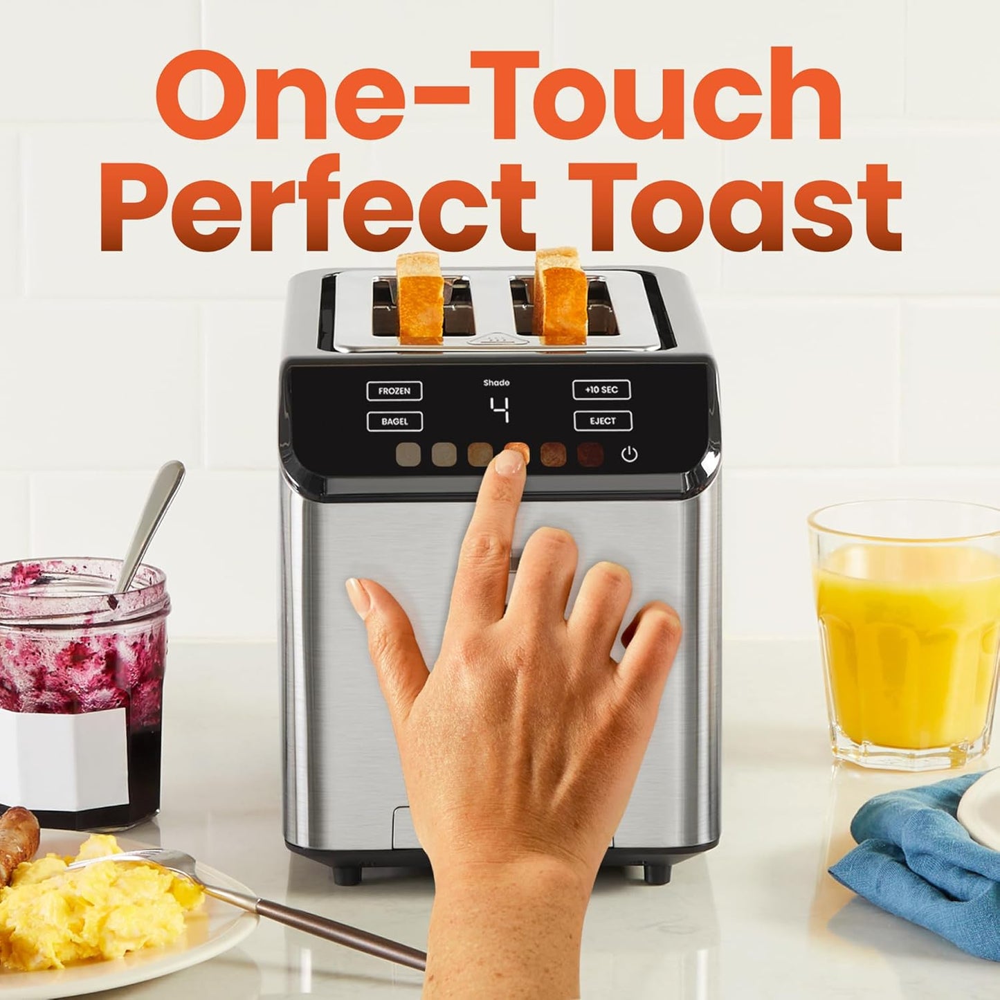Chefman Smart Touch 2 Slice Digital Toaster, 6 Shade Settings, Touchscreen Controls, Extra-Wide Slots for Thick Breads & Bagels, +10 Seconds, Defrost, Removable Crumb Tray – Stainless Steel