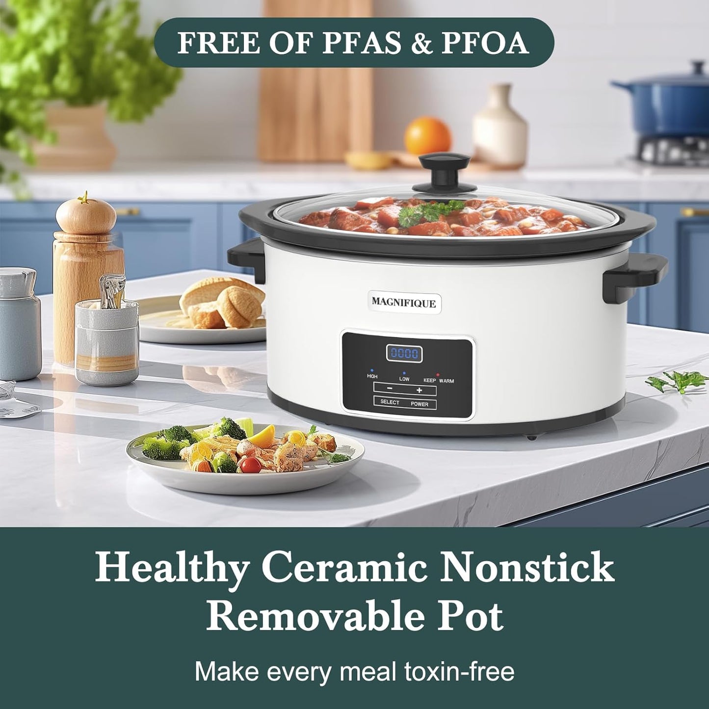 7-Quart Programmable Slow Cooker with Timer Keep Warm - Small Kitchen Appliance for Family Dinners - Serves 6+ People - Heat Settings: Keep Warm(White, Black Liner)