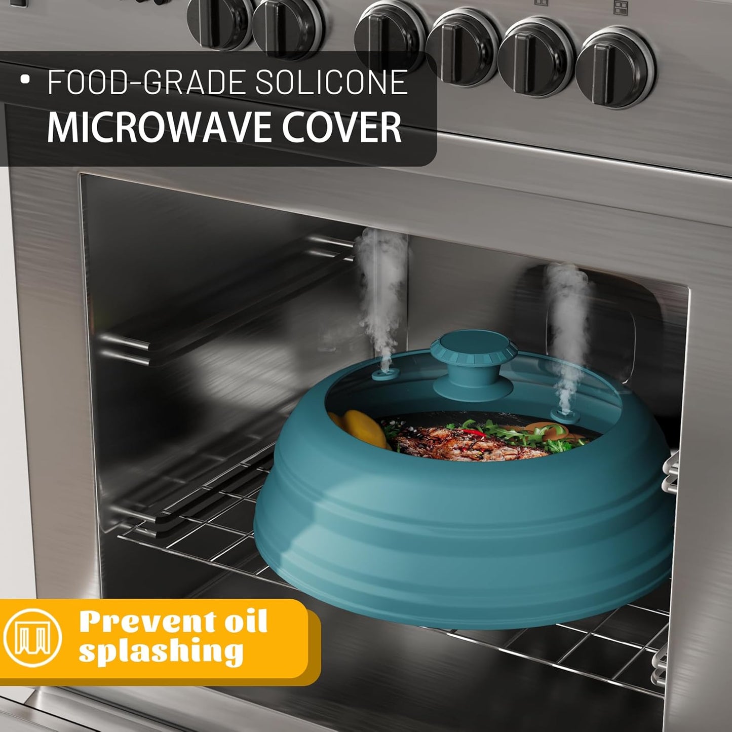 Collapsible Microwave Splatter Cover - Vented Silicone & Glass Lid with Easy-Grip Handle, Fits 6 to 10 Inch Plates & Bowls, 10.8 Inch Diameter, Prevents Splatters & Ensures Even Heating