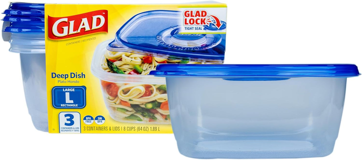 Glad GladWare Deep Dish Food Storage Containers, Large Rectangle - Meal Container Holds up to 64 Ounces of Food - Lock Tight Seal, 3 Count
