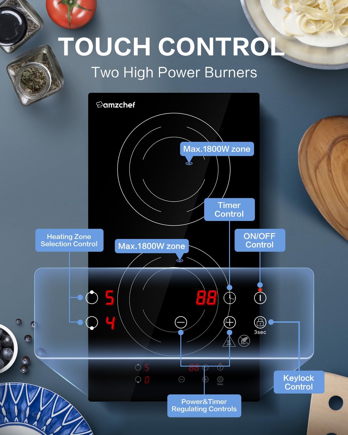 AMZCHEF Induction Cooktop 2 Burners, 12 Inch Bulit-in & Countertop Induction Stove with Plug 110V-120V, 9 Power Levels Electric Stove 1800W, Child Lock, Timer, Touch Control for Fast Cooking